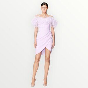 Pamella Roland Lilac Ostrich Feather Off The Shoulder Crepe Cocktail Dress